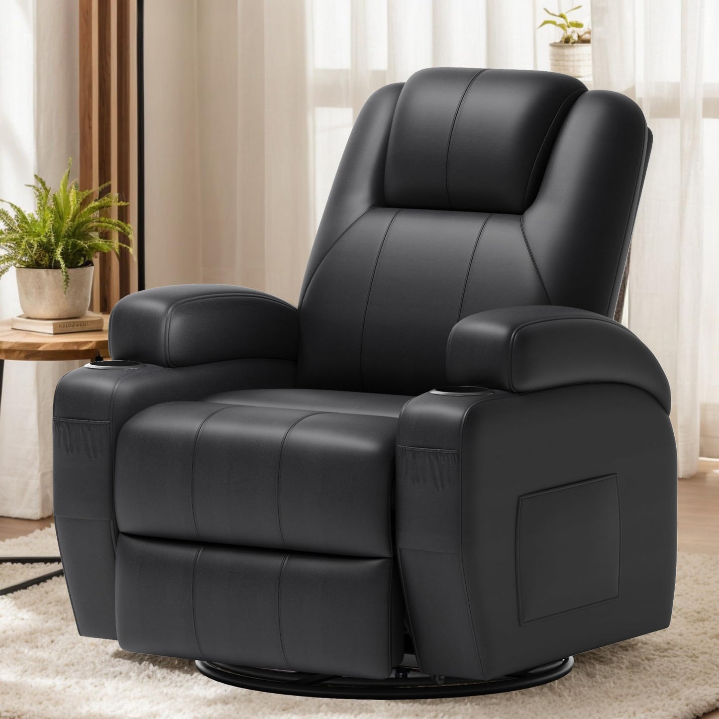 Flamaker Swivel Rocker Recliner Chair with Vibration Massage, 360° Swivel Recliner Chairs for Adults Ergonomic Lounge Chair with Cup Holders Lazy Boy Recliner Single Sofa Seat (Leather, Black)