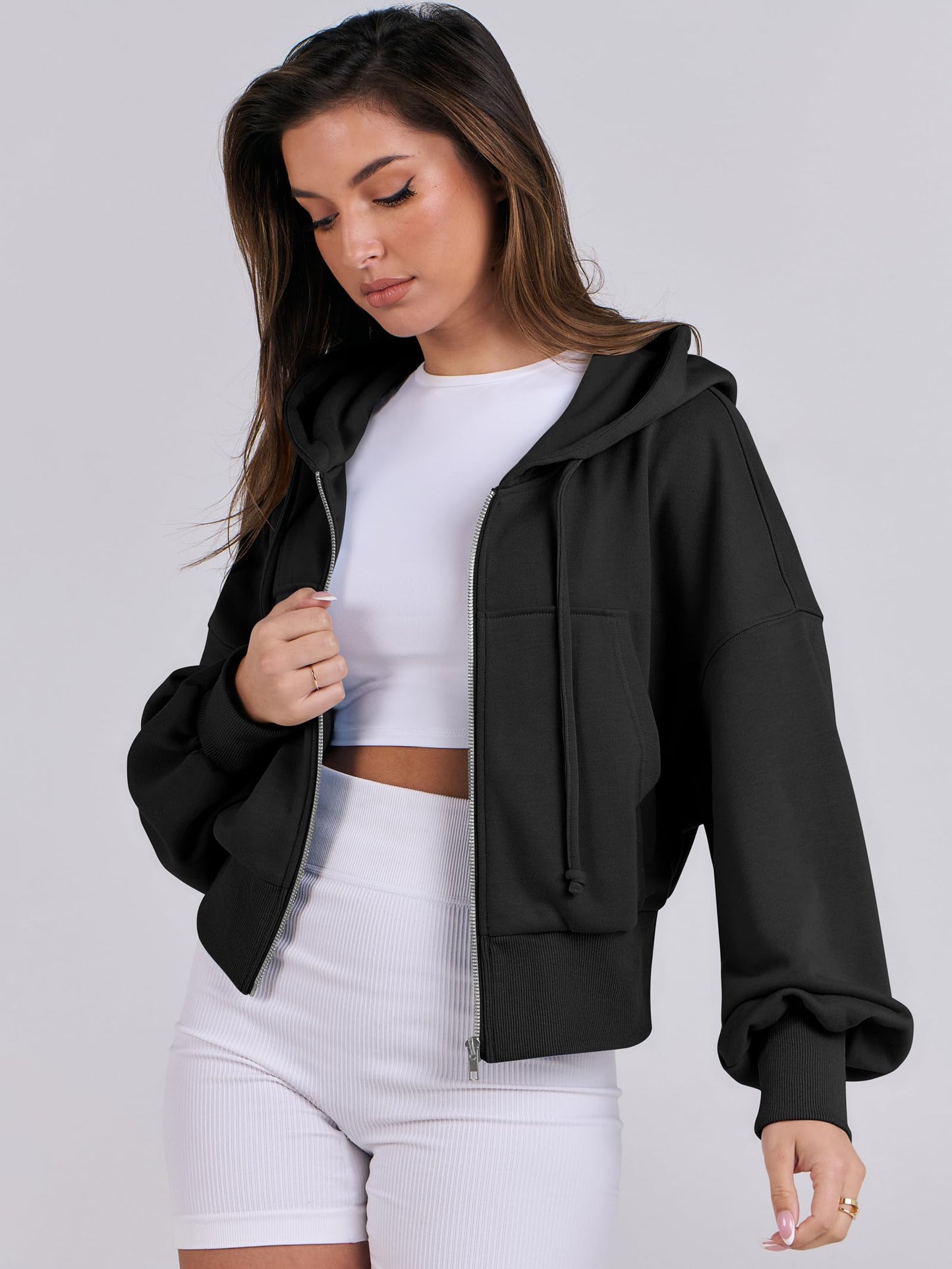 ANRABESS Women's Zip Up Hoodies Cropped Sweatshirts Full Zip Jackets 2024 Casual Fashion Fall Outfits Winter Clothes Black Medium