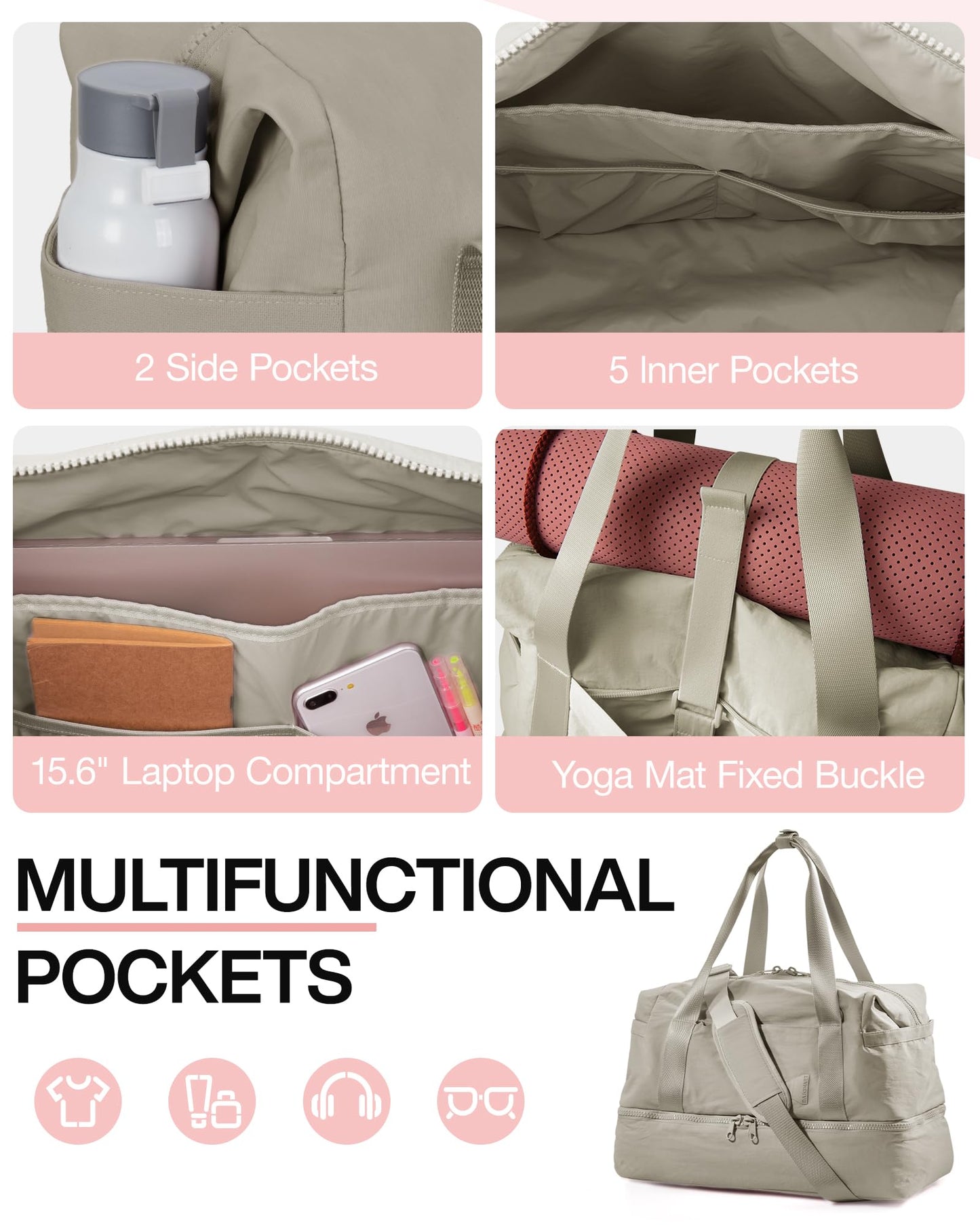 Weekender Bags for Women, BAGSMART Travel Duffel Bags with Shoe Compartment,Personal Item Travel Bag for Airlines, Carry on Overnight Tote Bag with Toiletry Bag (Beige)