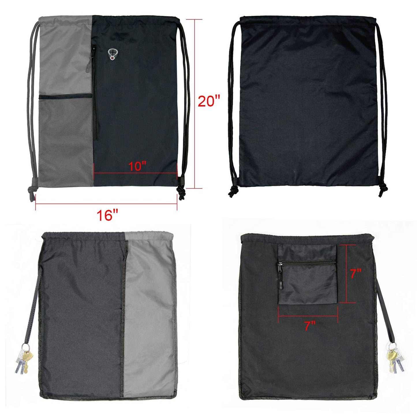 BeeGreem Grey Sport Bag Drawstring Backpack String Bag For Men Women Gym Backpack With Water Bottle Mesh Pockets And Two Zipper Pockets 16" x 20"