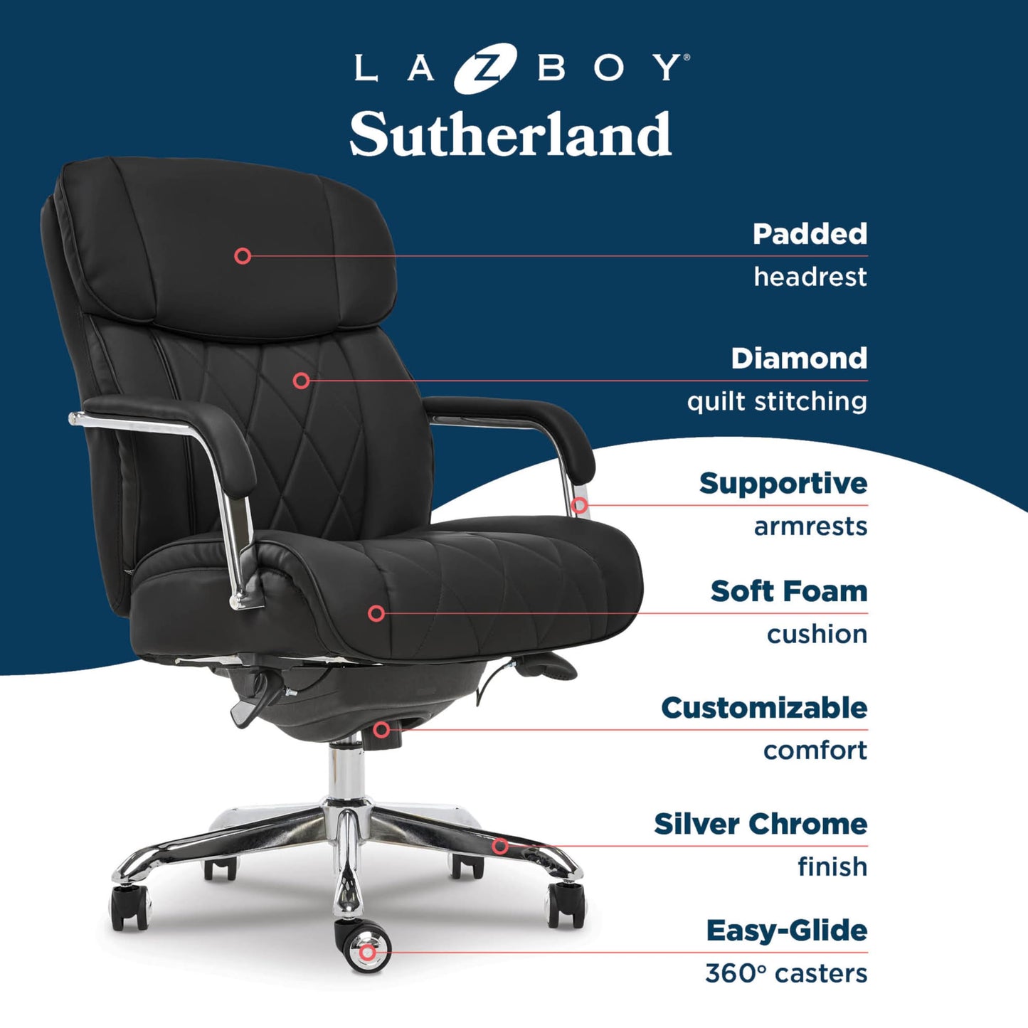 La-Z-Boy Sutherland Quilted Leather Executive Office Chair with Padded Arms, High Back Ergonomic Desk Chair with Lumbar Support, Black Bonded Leather