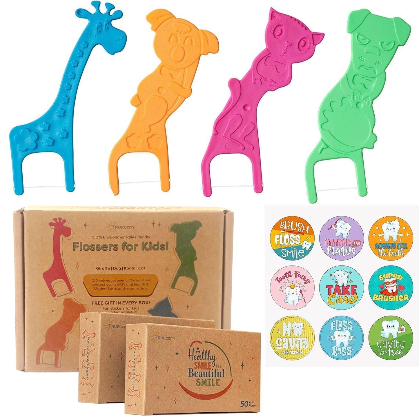 Biodegradable Kids Flossers - 200 Pack, Natural, Fluoride Free, Animal Kids Dental Floss Sticks - Mild Orange