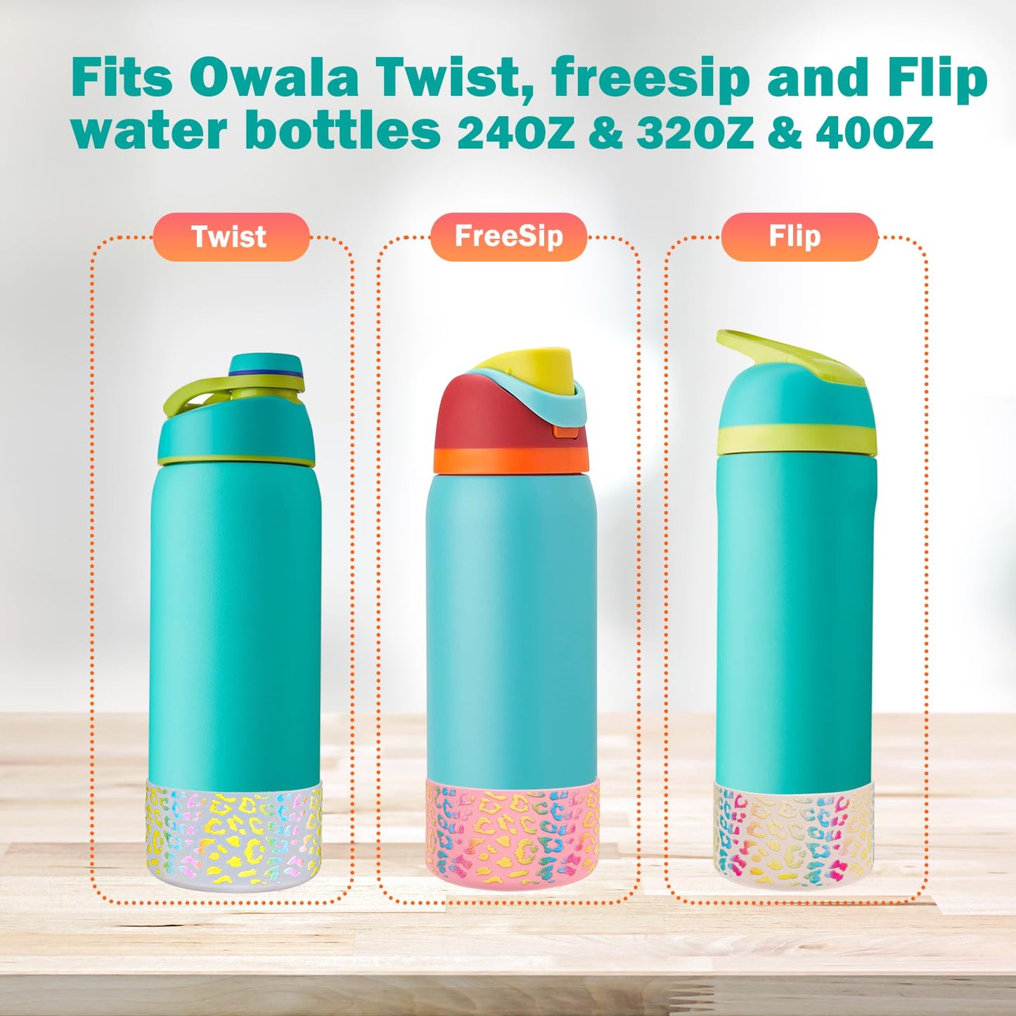 WK IEASON 2Pcs Silicone Water Bottle Boot for Owala 24oz, Protective Flask Bottom Cover Base for Owala FreeSip Twist and Flip Flask Bottles (Leo cream/pink, 24OZ)