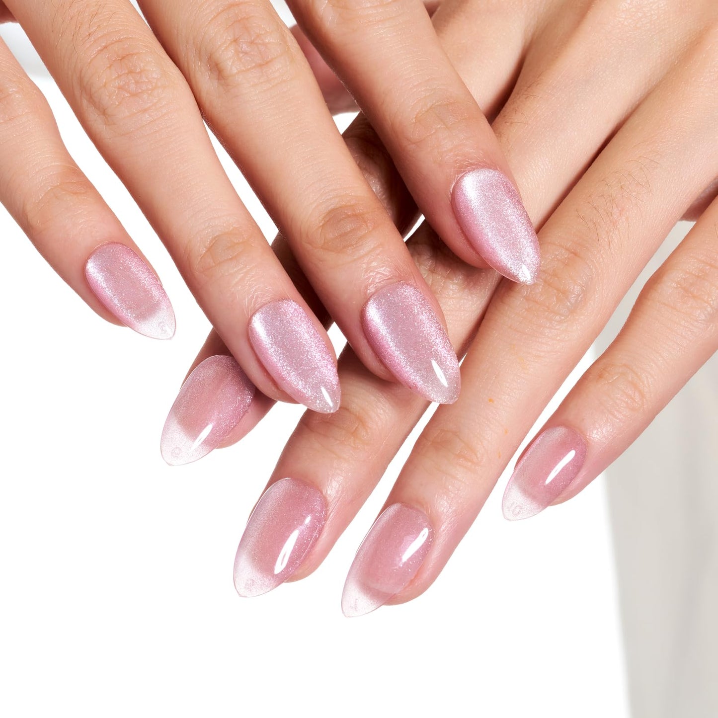 GLAMERMAID Pink Press on Nails Short Almond, Handmade Magnet Cat Eyes Jelly Gel Fake Nail Kits, Ombre Glitter Magnetic Glue on Nail Stiletto, Mermaid Medium Oval Stick on False Nail Set for Women