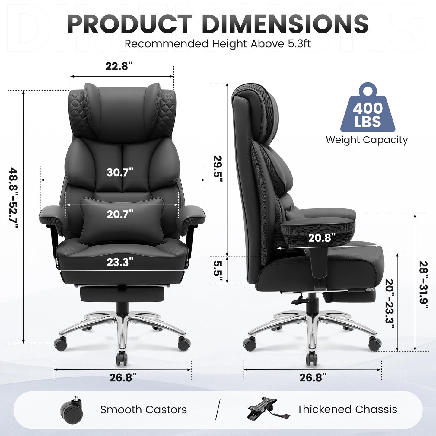 BestGlory Office Desk Chair, Big and Tall Leather Gaming Chair with Footrest, Wide Ergonomic Comfy Executive High-Back Reclining Computer Chairs, Swivel Rolling Wheels and Padded Lumbar Support, Black