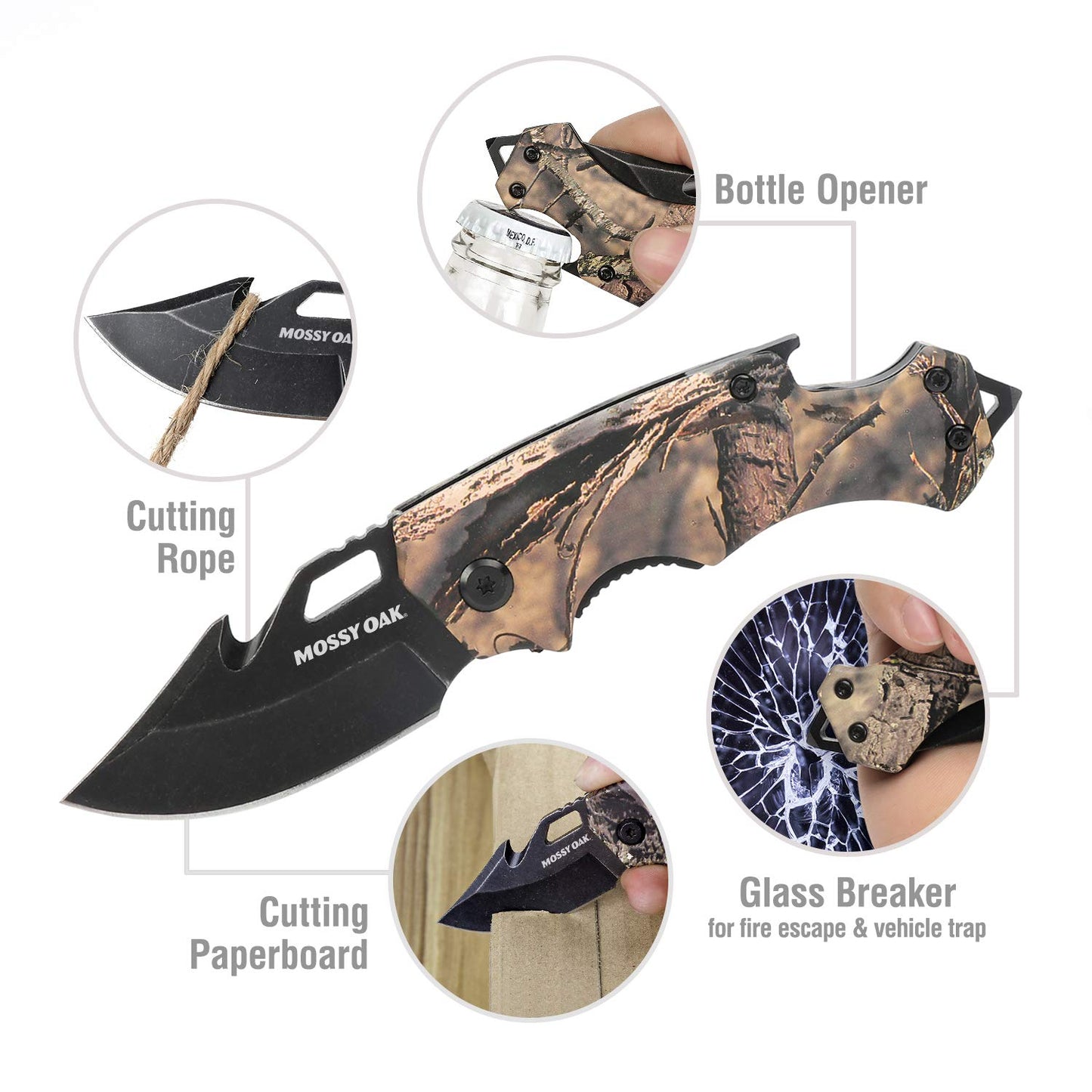 Mossy Oak Mini Folding Pocket Knife for Men, Camo Pocket Knife with Bottle Opener and Glass Breaker - Stainless Steel Drop Point Blade EDC Multi-tool (Camo)