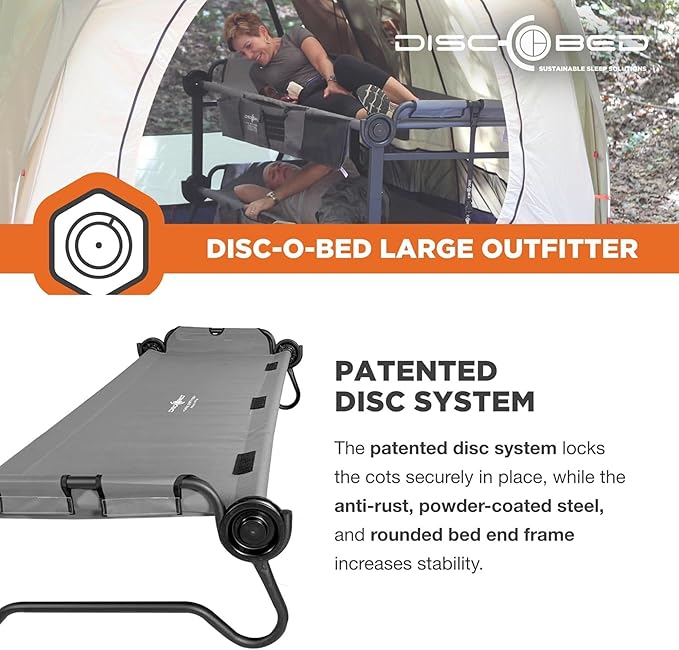 Disc-O-Bed Portable Cam-O-Bunk Bed, Large 2 Adult Sleeping Cot for Camping, Gray