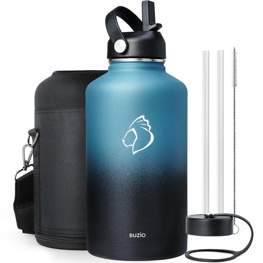 BUZIO Insulated Water Bottle with Straw Lid and Flex Cap, 64oz Double Wall Vacuum Stainless Steel Water Thermo Wide Mouth Lid, Cold for 48 Hrs Or Hot for 24 Hrs Sweat Proof Flask, Indigo Crush