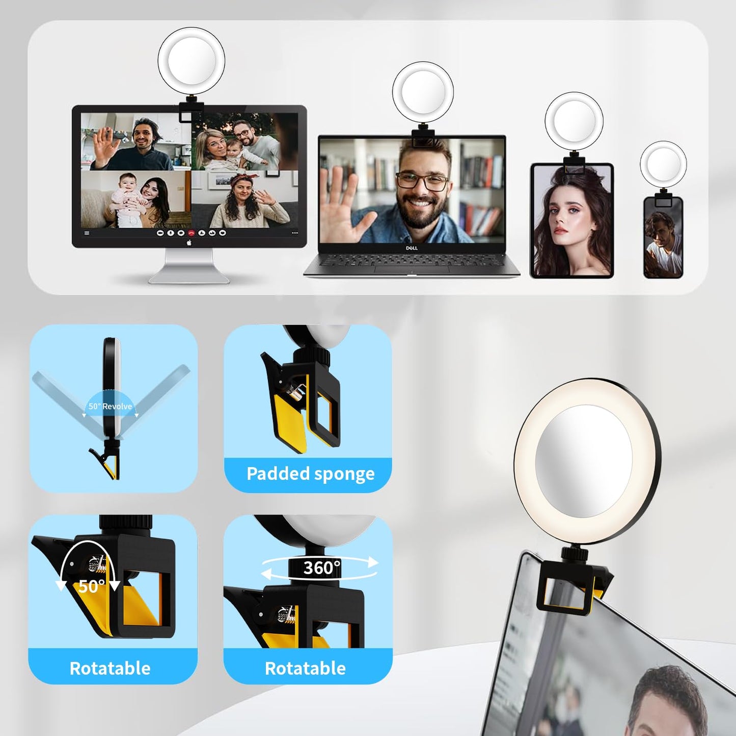 Andalusite 60 LED Video Conference Ring Light – Rechargeable Clip Design, 3 Adjustable Light Modes - Universal for Phones/Laptops, 3000K-5000K Color Range, 2H Battery, Streaming/Makeup/Office Use