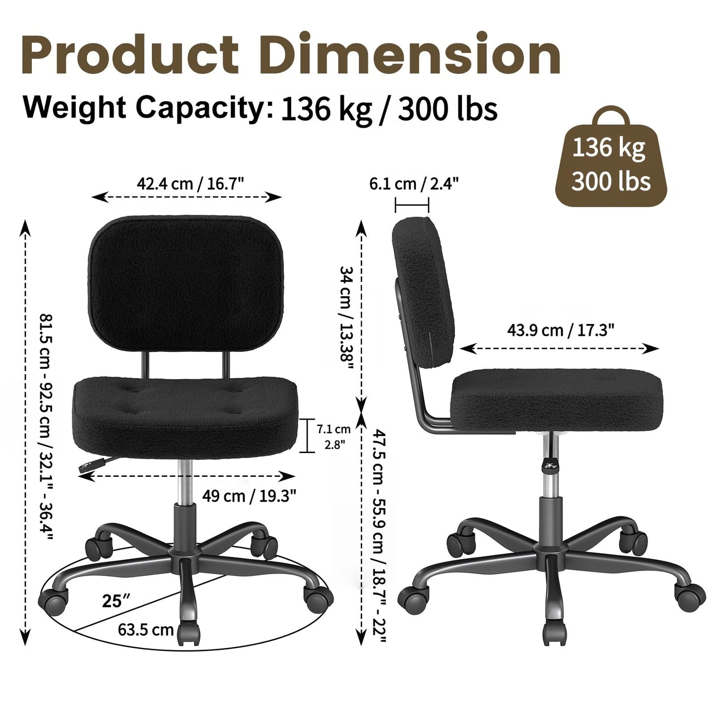 AnyGod Teddy Fleece Armless Home Office Desk Chair, Small Ergonomic Task Chair for Adults and Students, Low Back Seating with Swivel, Adjustable Height, Rolling Wheels - Black