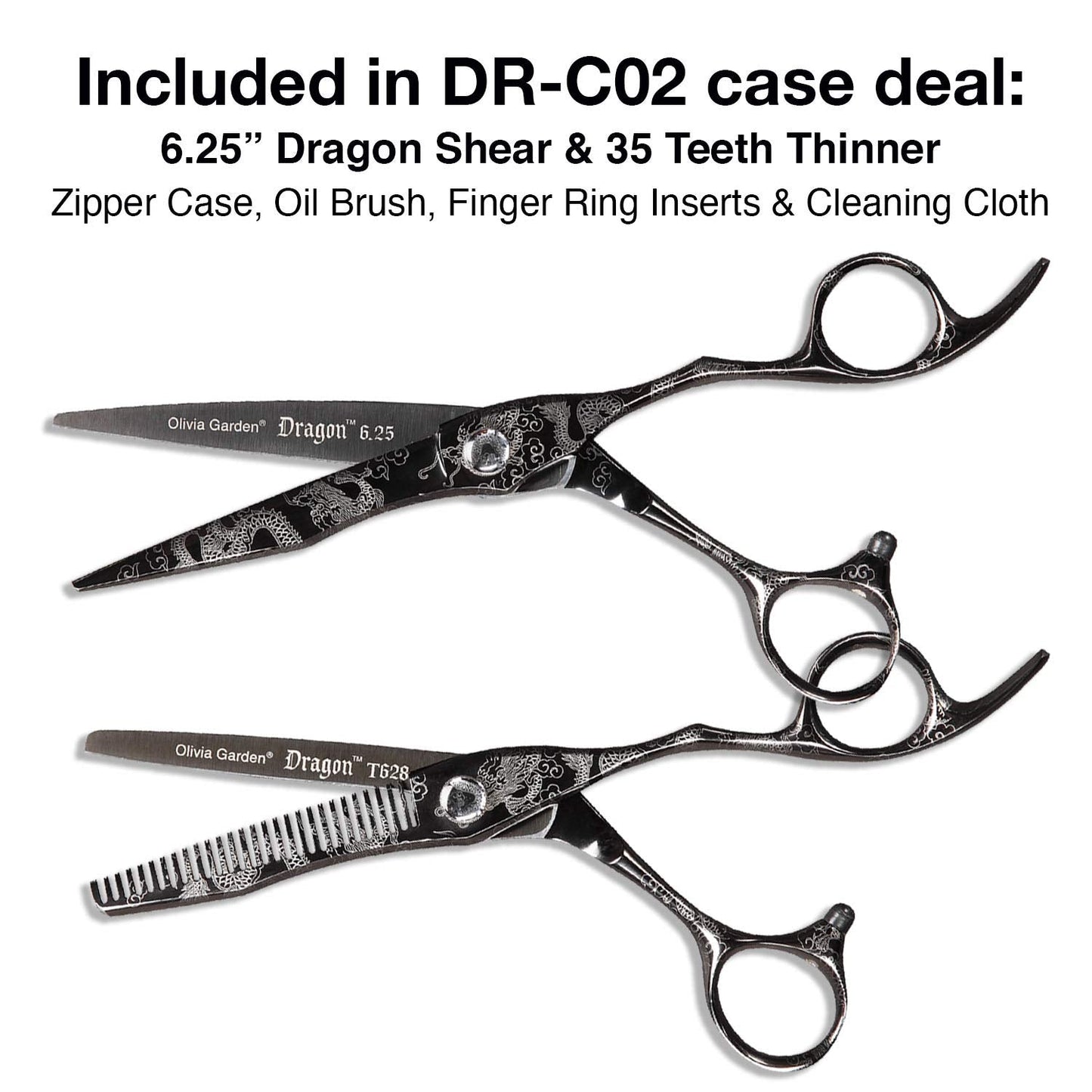 Olivia Garden Dragon Shears Kit - Includes Professional Hair Cutting 6.25" Shear, 6" Thinner, Case, and Accessories - Razor Sharp Scissors - DR-625, DR-T628