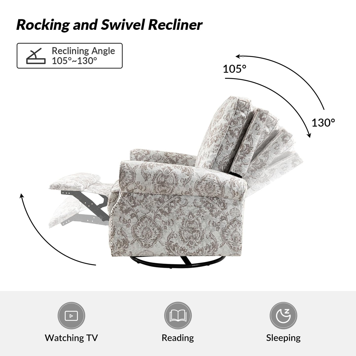 HULALA Home Swivel Rocker Recliner Set of 2, Modern Printed Fabric Swivel Recliner Chair for Adults Glider with Adjustable Backrest & Footrest, Beige