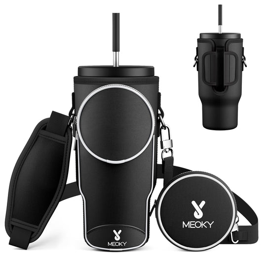 Meoky Water Bottle Carrier Bag with Phone Pocket for 40 oz Tumbler with Handle, Neoprene Water Bottle Holder Pouch with Adjustable Strap, 2 Carabiner Clips (Night)