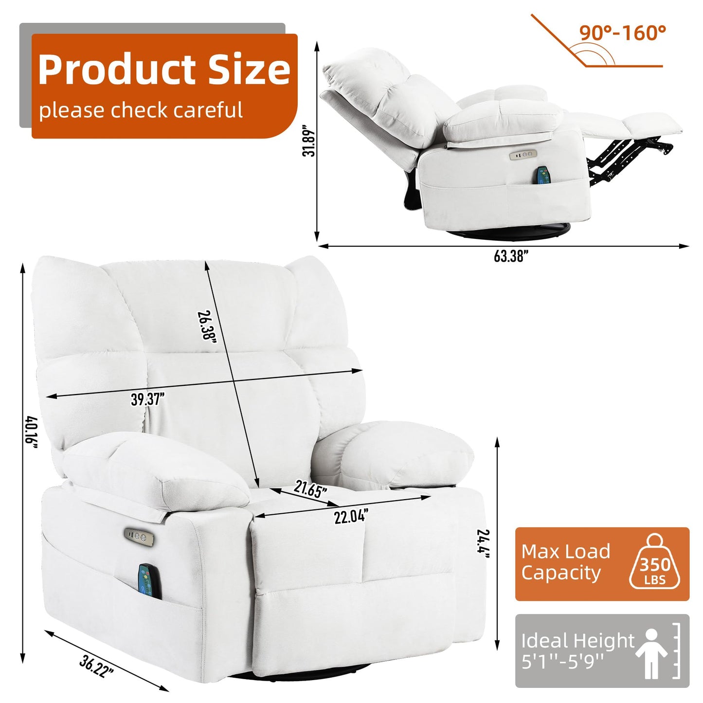 DYHOME Recliner Chair for Adults, Swivel Massage Rocking Recliner Chairs with Heated, USB & USB-C Ports, Modern Single Lounge Power Sofa for Living Room, Bedroom, White