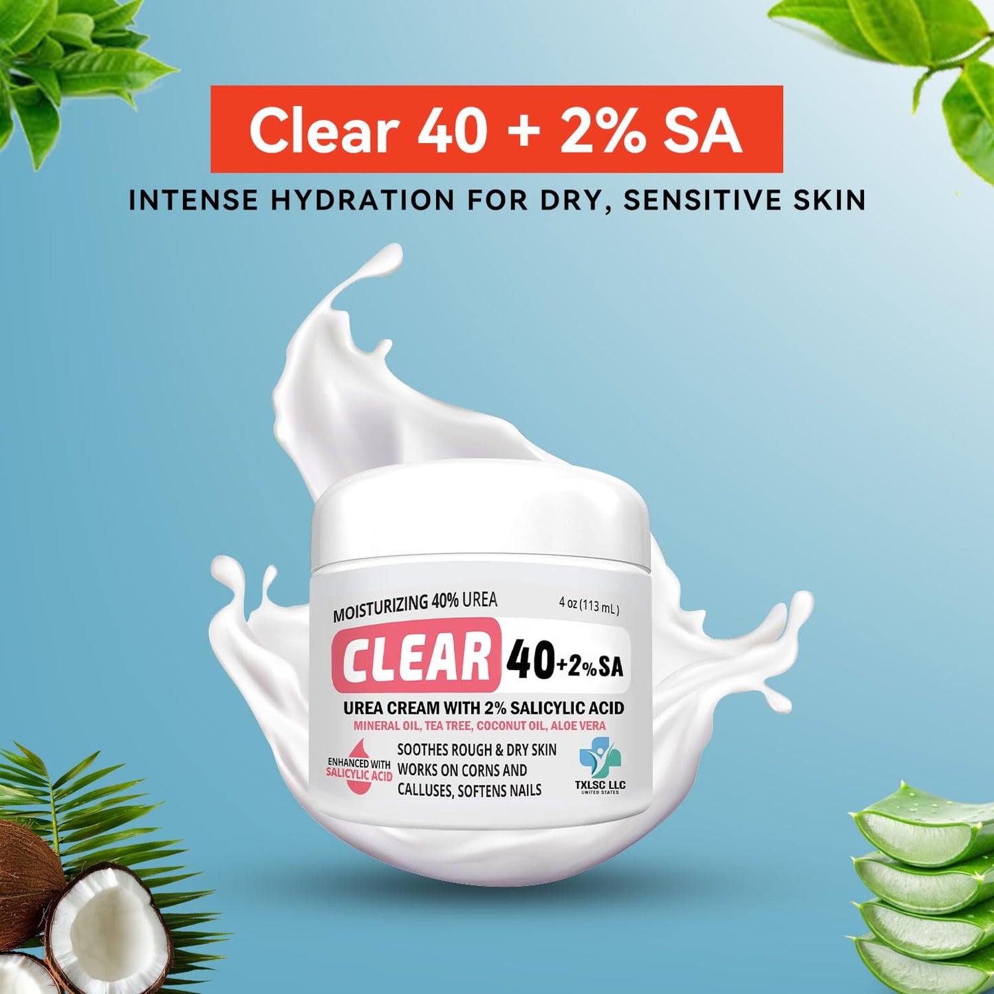 CLEAR Urea Cream 40 Percent Plus 2% Salicylic Acid (4oz) Made in USA | Urea Foot & Hand Cream Softens Cracked Heels & Dry Skin with Tea Tree & Coconut Oil - Callus & Corn Treatment