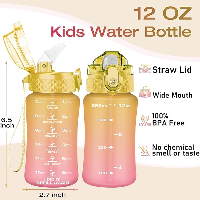 OLDLEY Kids Water Bottle for School, 12 oz (Straw Lid) BPA-Free Reusable Leak-proof Durable Tritan Plastic Water Bottles with One-handed Opening Straw Lids, Anti-dust Spout Cover (Nectarine)