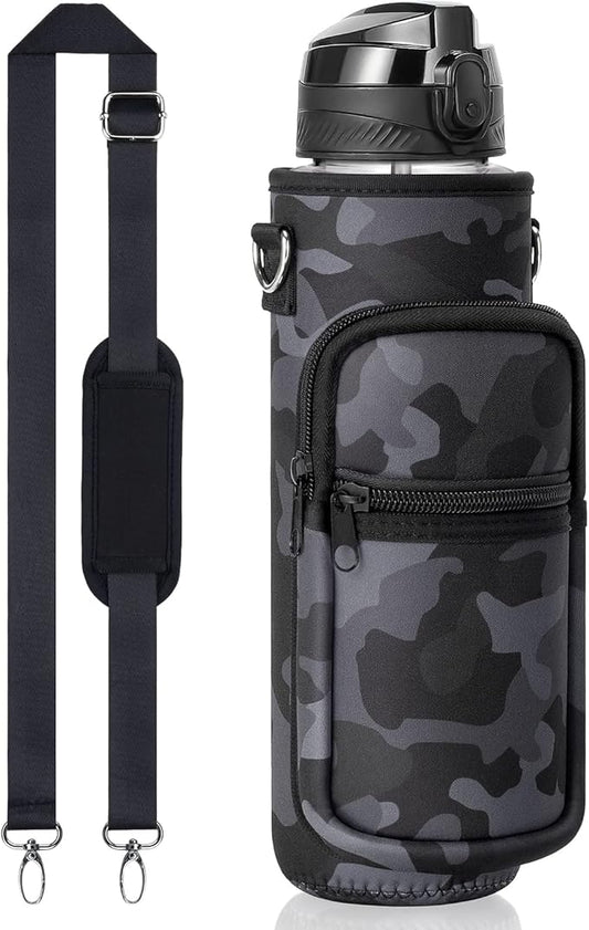 Fimibuke 32 oz Water Bottle with Sleeve - BPA Free Leakproof Sport Large 1L Plastic Motivational Water Bottle with Straw Strap & Insulated Neoprene Holder Carrier Bag Great Xmas Gift for Women Men