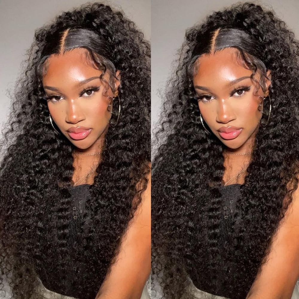 ANDRIA 13x4 HD Lace Front Wigs 28 Inch Black Curly Lace Front Wig with Baby Hair Pre-Plucked Glueless Lace Frontal Wigs Heat Resistant Synthetic Hair 200% Density Natural Color Long Deep Wave Wigs