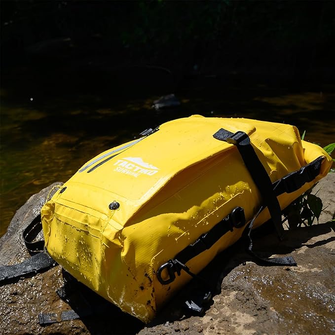 Tactiko 30L Heavy-Duty 100% Waterproof Backpack - Dry Roll-Top Floating Backpack - Rip-Stop Tarpaulin - Comfortable Padded Shoulders & Back - Waist Strap - Large Utility Pocket, Carabiner (Yellow)