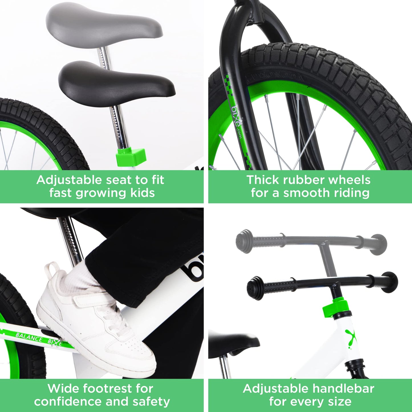 Bixe Balance Bike - 16" (40.6 cm) Big Kids' Training Bikes - Kids Balance Bike Designed for Children Ages 4 to 9 - No Pedal Push Bicycle for Boys or Girls - Green
