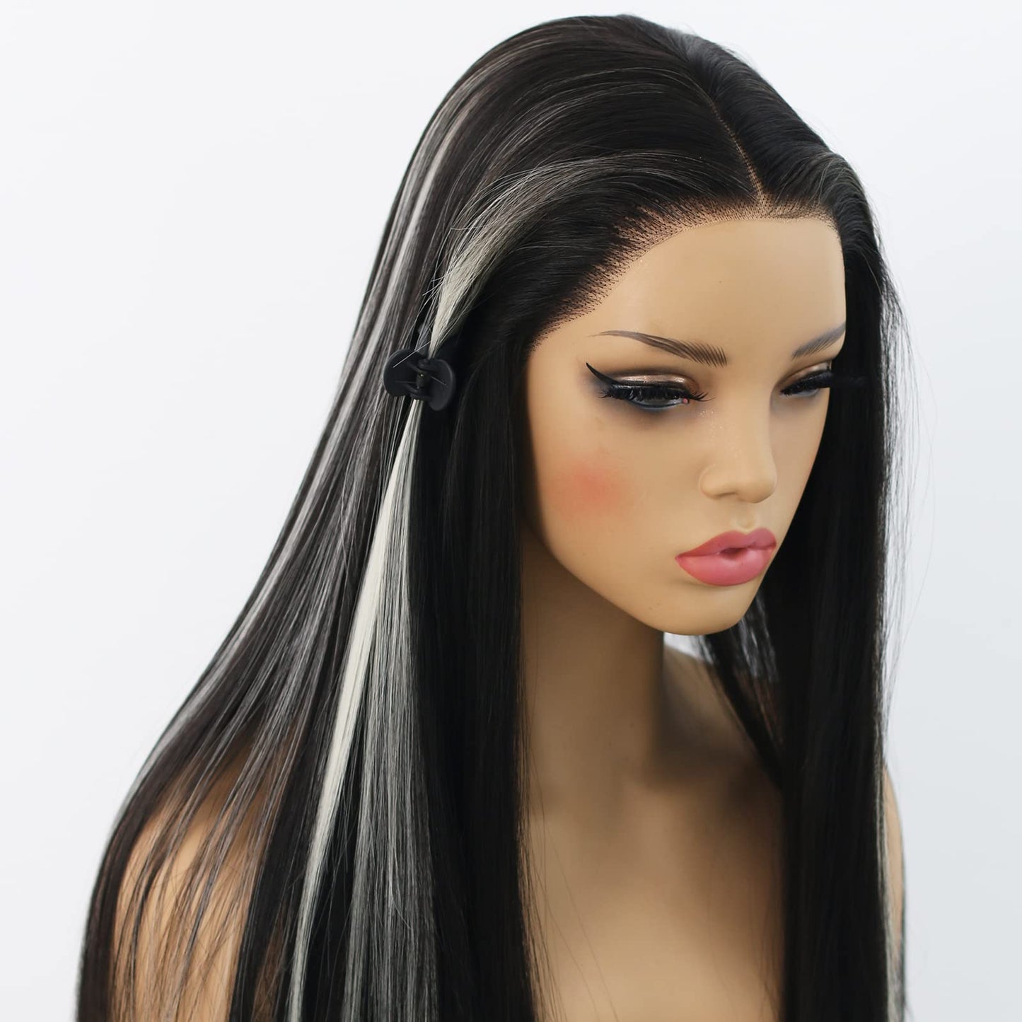 ANDRIA Lace Front Wigs Straight Hair Glueless Synthetic Long Silk Natural Wig Heat Resistant Fiber Black and White Skunk Stripe Colorful With Baby For Women 24 Inches