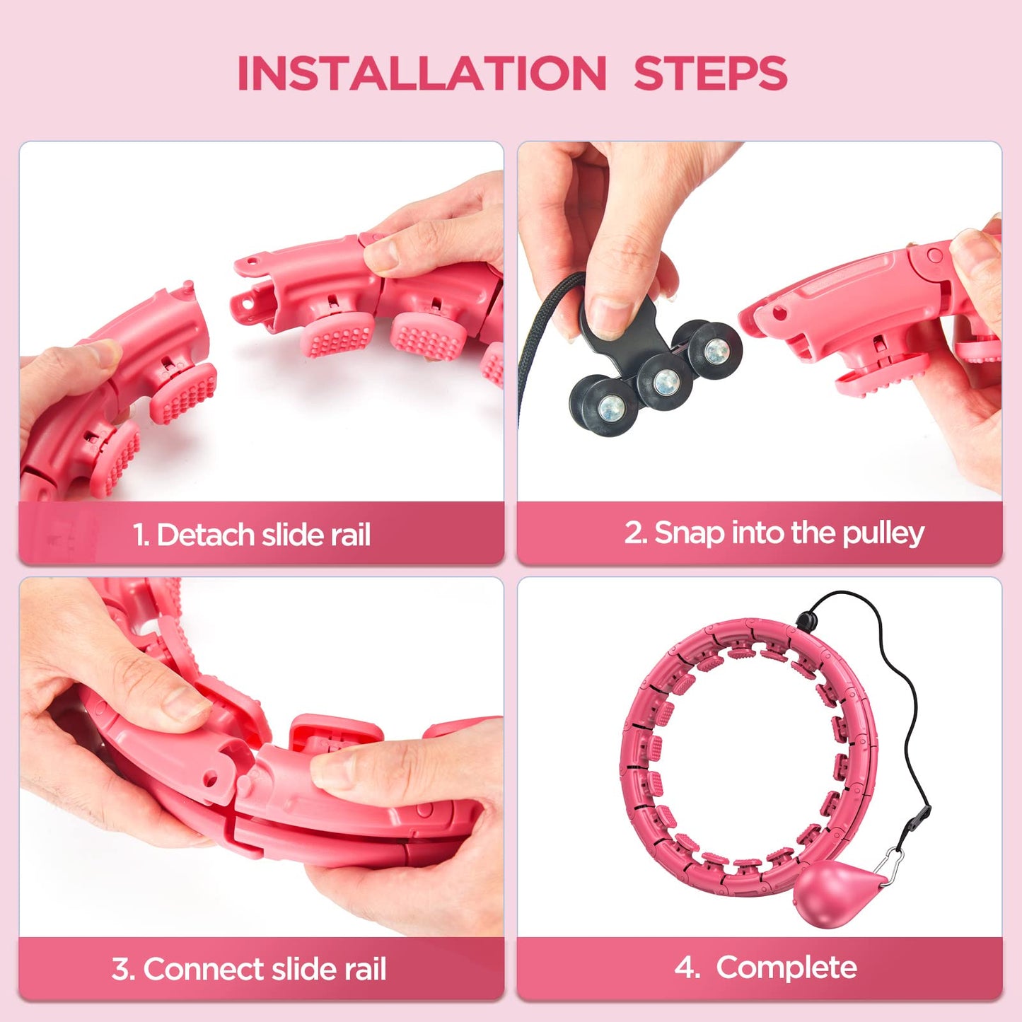 APzek 32 Knots Smart Weighted Exercise Hoop Plus Size, Adjustable Huula Hoop with Extra Links for Adults and Beginners, 2 in 1 Fitness Massage Non Fall Hooola Hoop with Spinning Ball - Pink