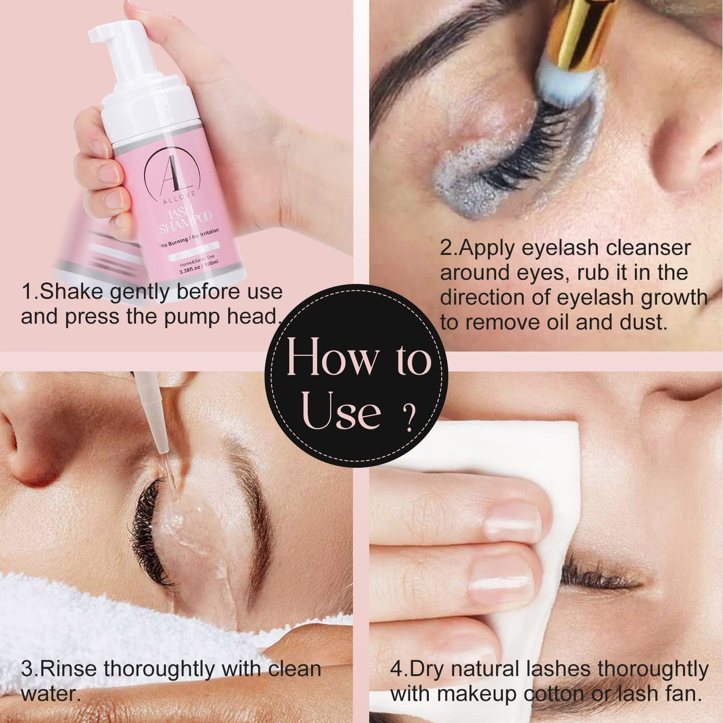 ALLOVE Lash Shampoo for Lash Extensions 100ml Eyelash Extension Cleanser + Rinse Bottle Sensitive and Non-irritation Lash Cleaning Kit for Eyelash Extensions Salon & Home Use - Lavender