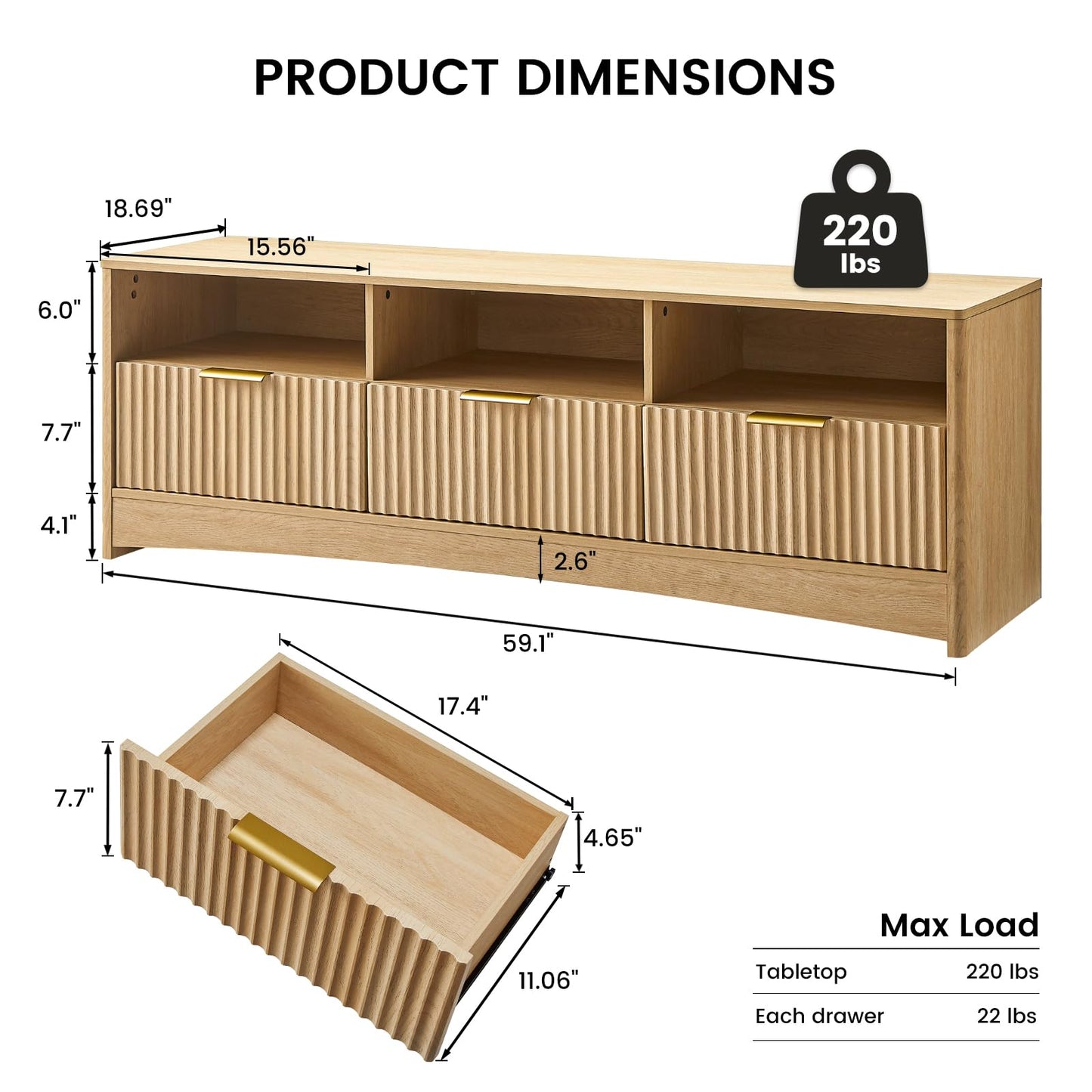 Amada TV Stand for 50-65" TV, Fluted Modern TV Stand Entertainment Center with Drawers and Open Shelf, Waveform Panel, Sleek Curved Profile Media TV Console Table for Living Room, Bedroom, Nature Oak