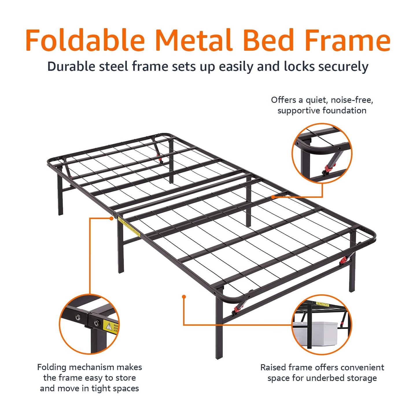 Amazon Basics Foldable Metal Platform Bed Frame with Tool Free Setup, 14 Inches High, Sturdy Steel Frame, No Box Spring Needed, Twin XL, Black