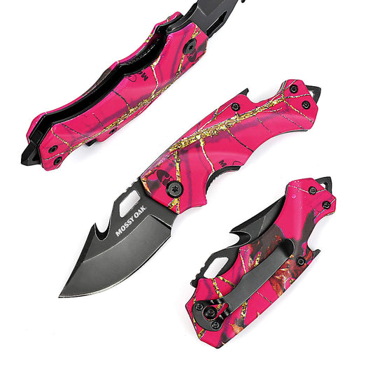Mossy Oak Mini Folding Pocket Knife, Stainless Steel Drop Point Blade - EDC Multi-tool with Bottle Opener and Glass Breaker (Pink Camo)