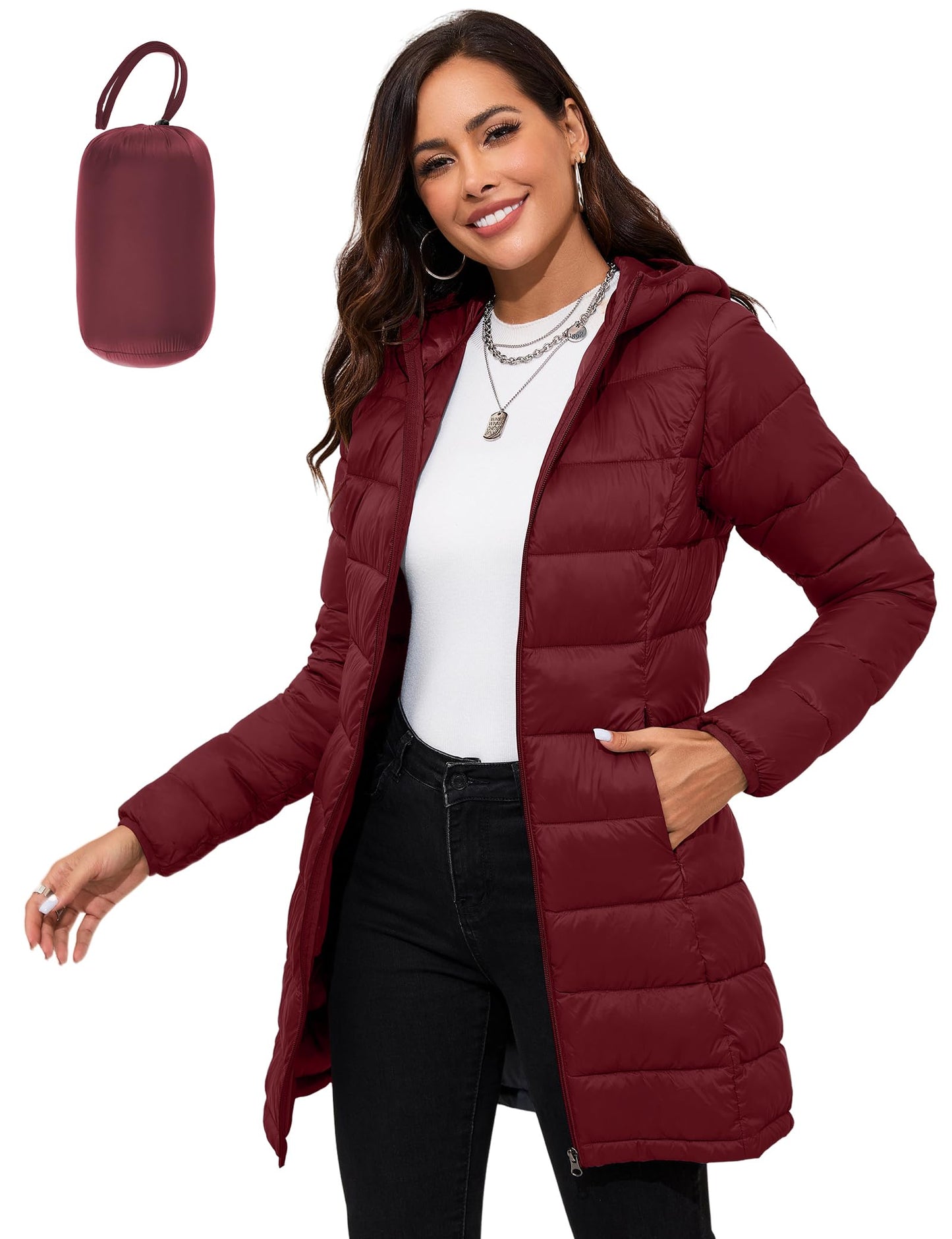 ANOTHER CHOICE Women Packable Puffer Jacket Lightweight Hooded Puffy Jacket (Wine Red, S)