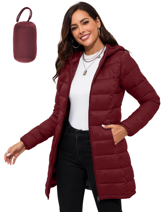ANOTHER CHOICE Women Packable Puffer Jacket Lightweight Hooded Puffy Jacket (Wine Red, S)