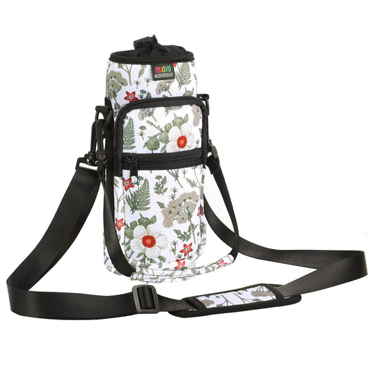 Nuovoware Water Bottle Carrier Bag, 25oz/32oz Bottle Pouch Holder, Adjustable Shoulder Hand Strap 2 Pocket Sling Neoprene Sleeve Sports Water Bottle Accessories for Gym Hiking Travel, White Hibiscus