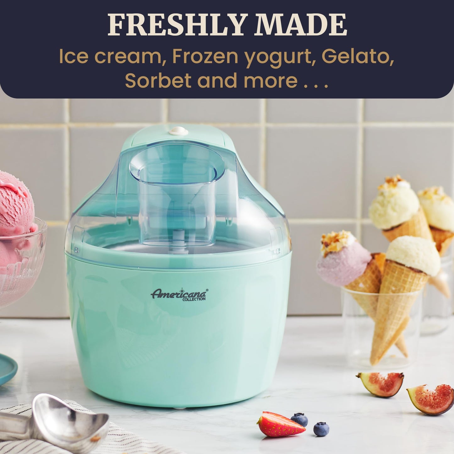 Americana EIM-1400M 1.5 Qt Freezer Bowl Automatic Easy Homemade Electric Ice Cream Maker, Ingredient Chute, On/Off Switch, No Salt Needed, Creamy Ice Cream, Gelato, Frozen Yogurt, Sorbet, Recipe Book