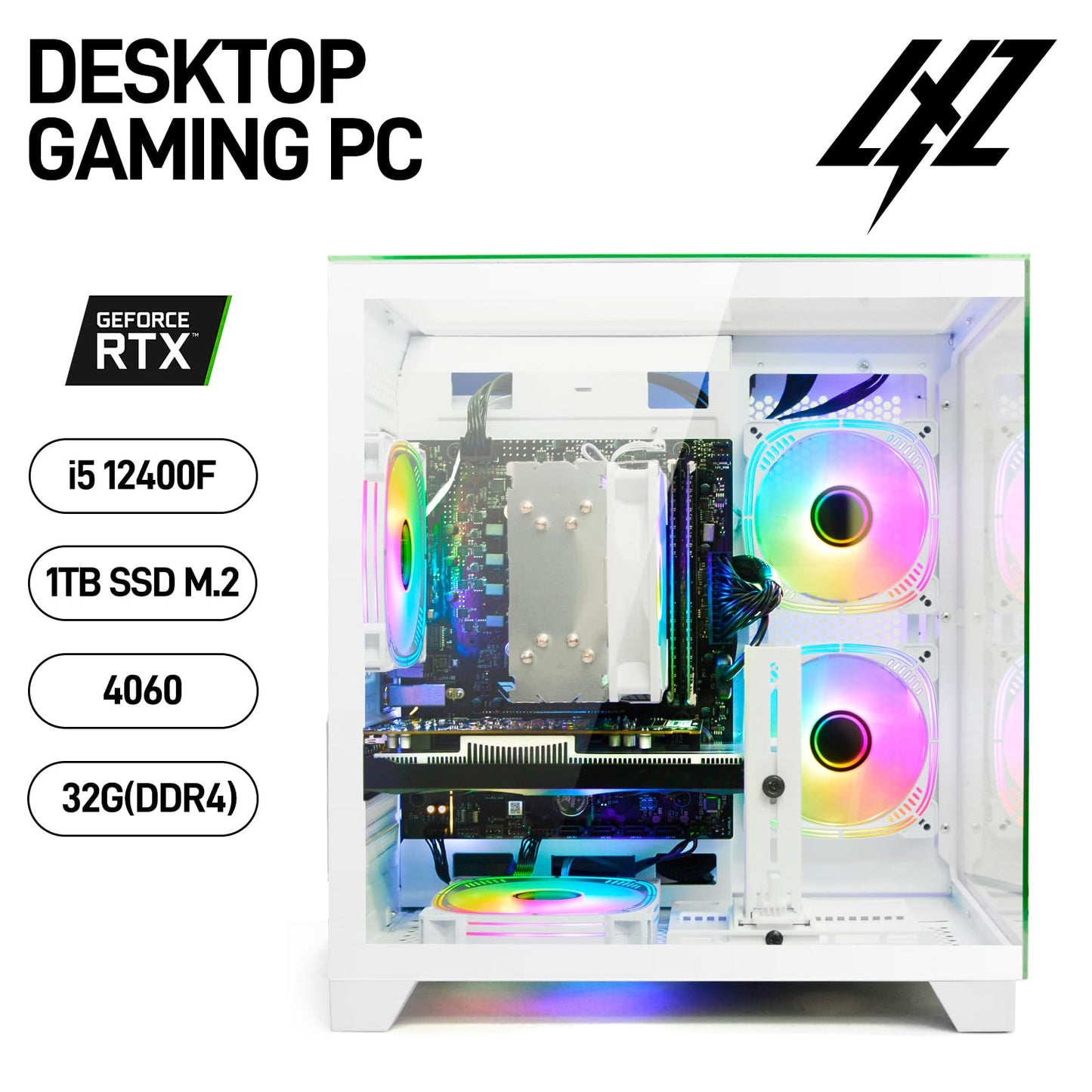 LXZ Gaming PC Desktop Core I5-12400F, GeForce RTX 4060 8G, 32G DDR4 RAM, 1TB NVME SSD, Prebuilt Tower Computer for Home and Office (White)