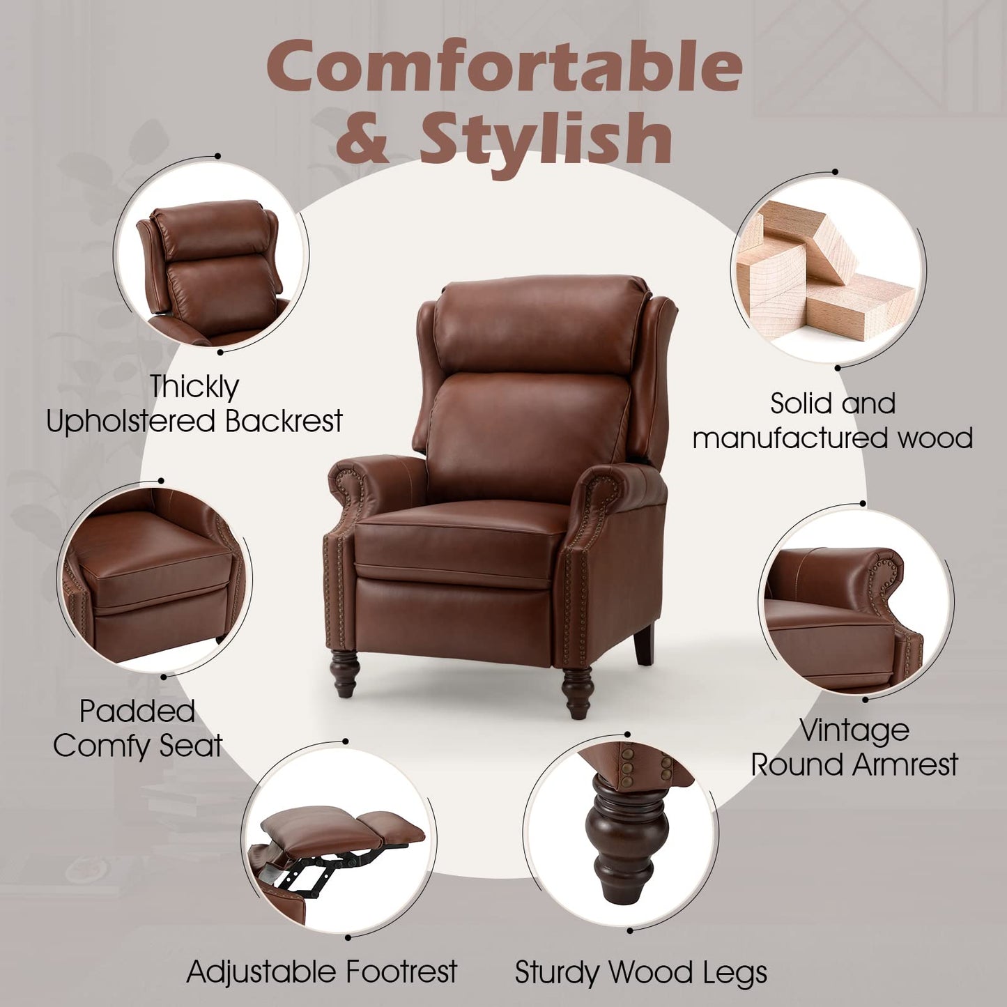 HULALA HOME Genuine Leather Recliner Chair, Traditional Manual Pushback Comfy Seating for Living Room, Thick Cushion & Solid Wood Legs, Wingback Recliner with Nailhead Trim, Brown