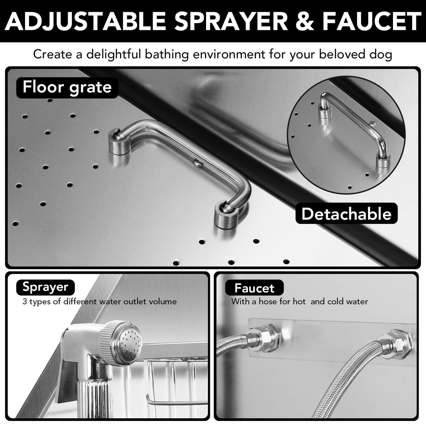 50" Pet Grooming Bathing Station, Professional Stainless Steel Dog Grooming Tub w/Removable Ramp, Storage Drawer, Floor Grate, Stairs Faucet, Dog Bathtub for Large, Medium & Small Pets, Right Door