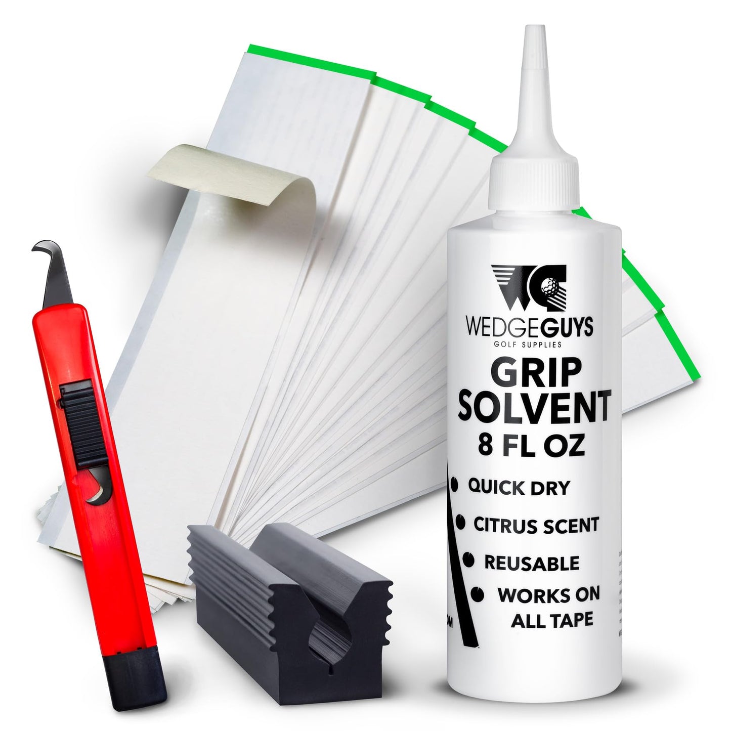 Wedge Guys Golf Grip Kits for Regripping Golf Clubs - Professional Quality - Options Include Hook Blade, 15 or 30 Golf Grip Tape Strips, 5 or 8 oz Golf Grip Solvent & Rubber Vise Clamp
