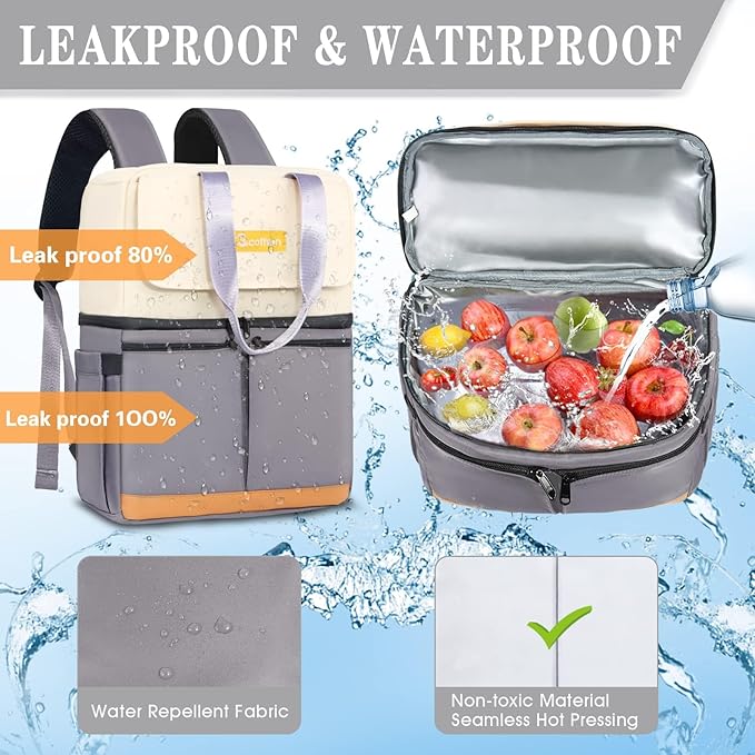 Backpack Cooler with Double Decker & 12 Ice Packs- Keeps 36 Cans Cold for Up to 24 Hours- Waterproof & Leak Proof Insulated Cooler Backpack- Stylish Cooler Bookbag for Women Travel Work Beach