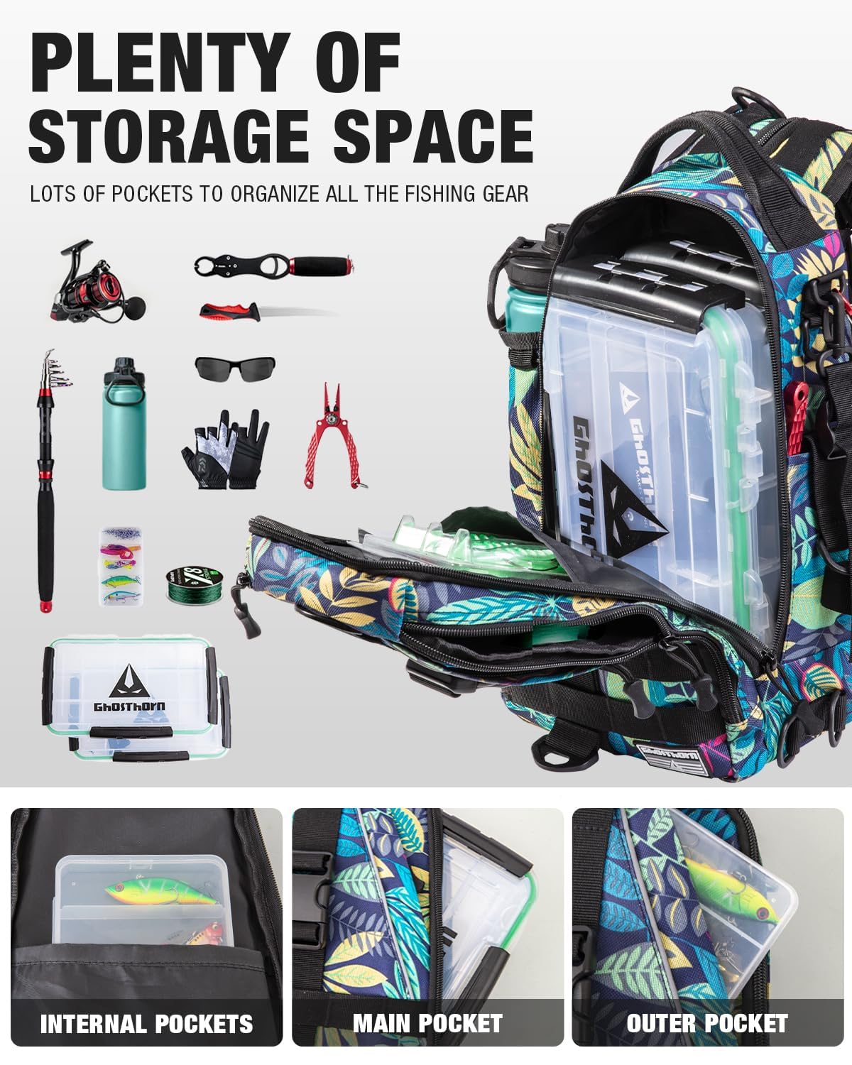 Ghosthorn Fishing Tackle Backpack Storage Bag - Fishing Backpack with Rod Holder Shoulder Bag - Fishing Gift Tackle Box Bag Women Large Blue Leaf