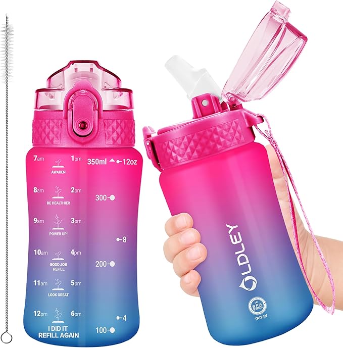 OLDLEY Kids Water Bottle for School, 12 oz (Straw Lid) BPA-Free Reusable Leak-proof Durable Tritan Plastic Water Bottles with One-handed Opening Straw Lids (Rose Ocean Blue)