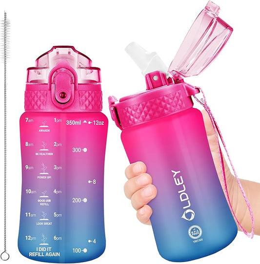 OLDLEY Kids Water Bottle for School, 12 oz (Straw Lid) BPA-Free Reusable Leak-proof Durable Tritan Plastic Water Bottles with One-handed Opening Straw Lids (Rose Ocean Blue)