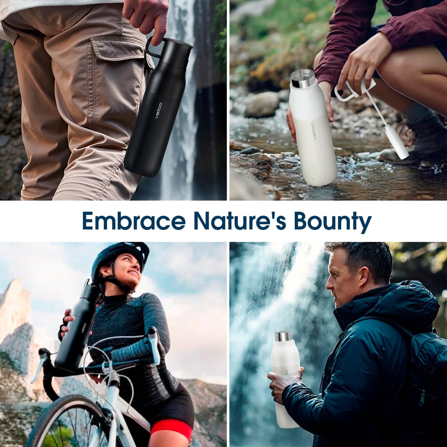 VSITOO 25 oz Water Purifier Bottle–Stainless Steel, Carbon Fiber Filter, Double-Wall Insulated, BPA-Free, Ideal for Hiking, Cycling, Gym & Outdoor Use–Life Straw Compatible, Black