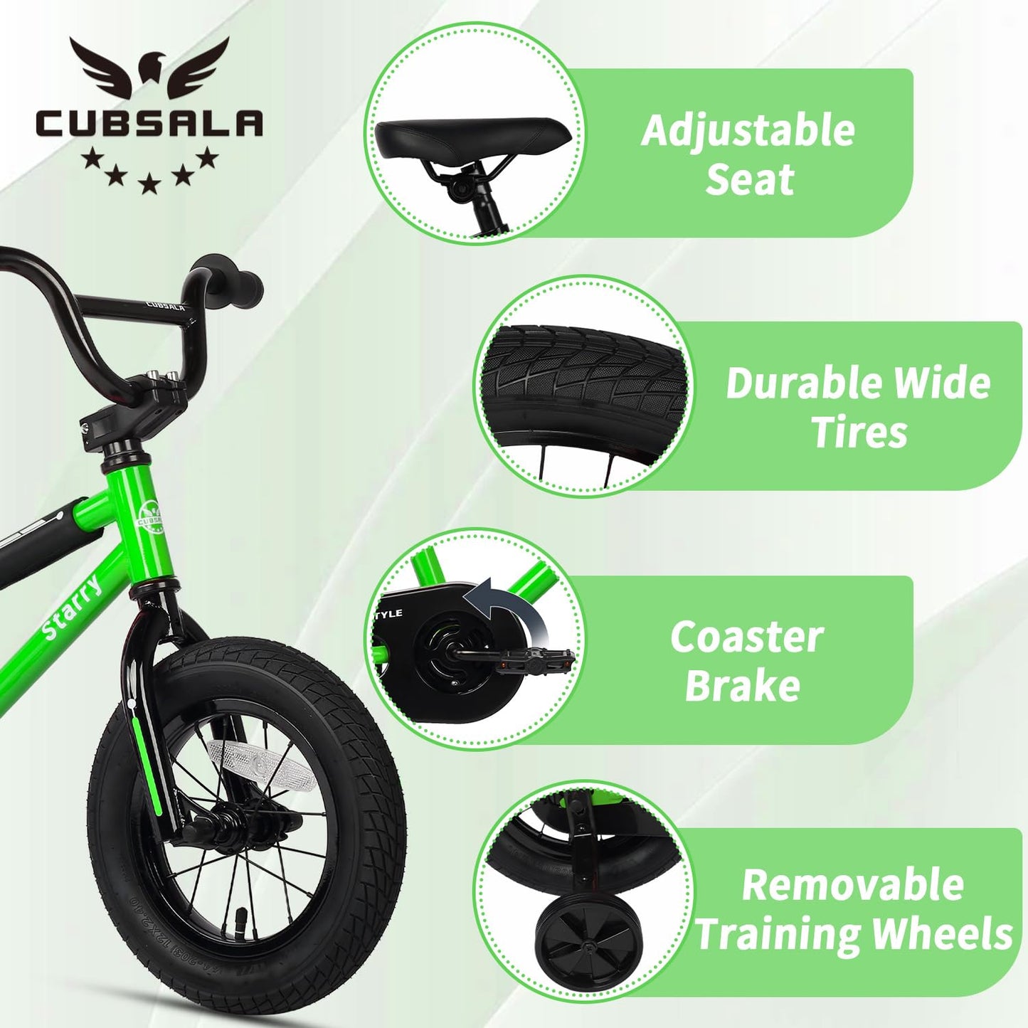 cubsala 12 Inch Kids Bike for 1 2 3 4 Years Old Boys Girls Beiginner Riders Toddlers BMX Style Bicycle with Training Wheels Coaster Brake, Green