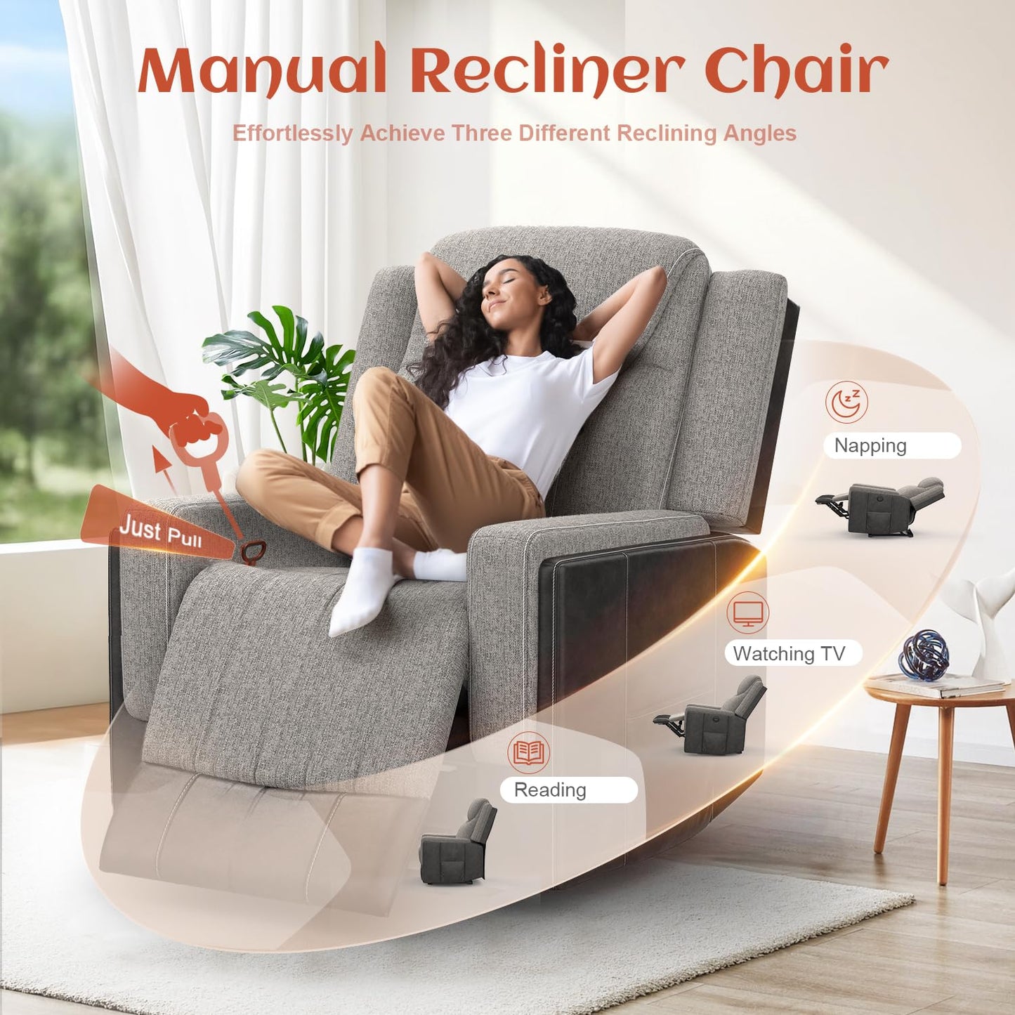 Dresegmt Oversize Manual Recliner Chair for Adults, Extra Wide Single Reclining Sofa Chair with Ergonomic, FSC Certified, Grey Linen-Blend & Chocolate Leather Scandinavian Chic for Living Room, RV