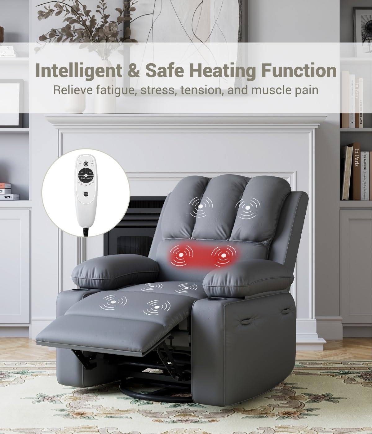 Oversized Recliner Chairs with Heat and Massage - 360° Swivel Lazy Recliner Chair for Adults- Manual Recliner Chair with Cup Holder for Living Rooms, Bedrooms and Nurseries - Grey