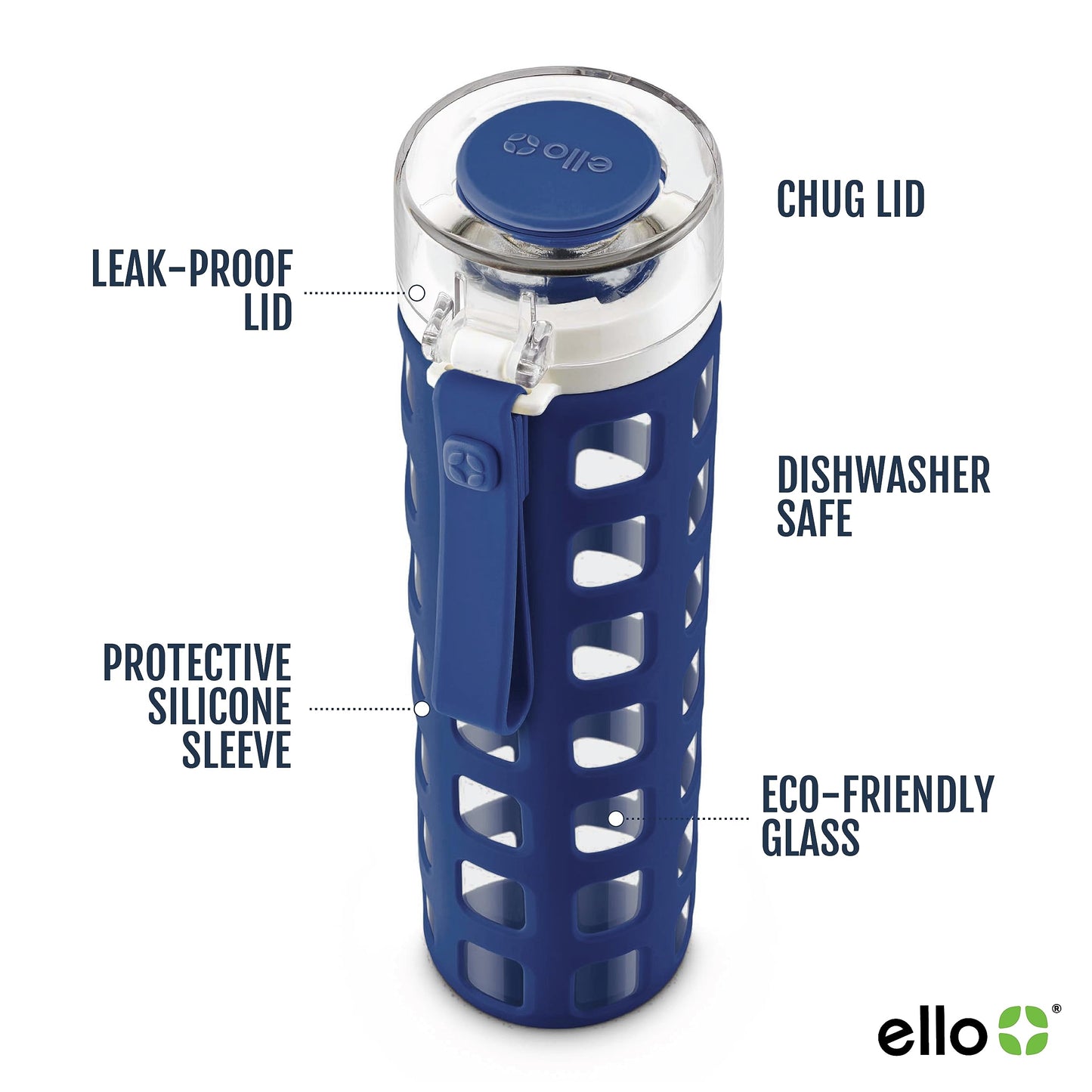 Ello Syndicate Glass Water Bottle with One-Touch Flip Lid and Protective Silicone Sleeve and Carry Loop, BPA Free, Dishwasher Safe, Bold Blue, 20oz