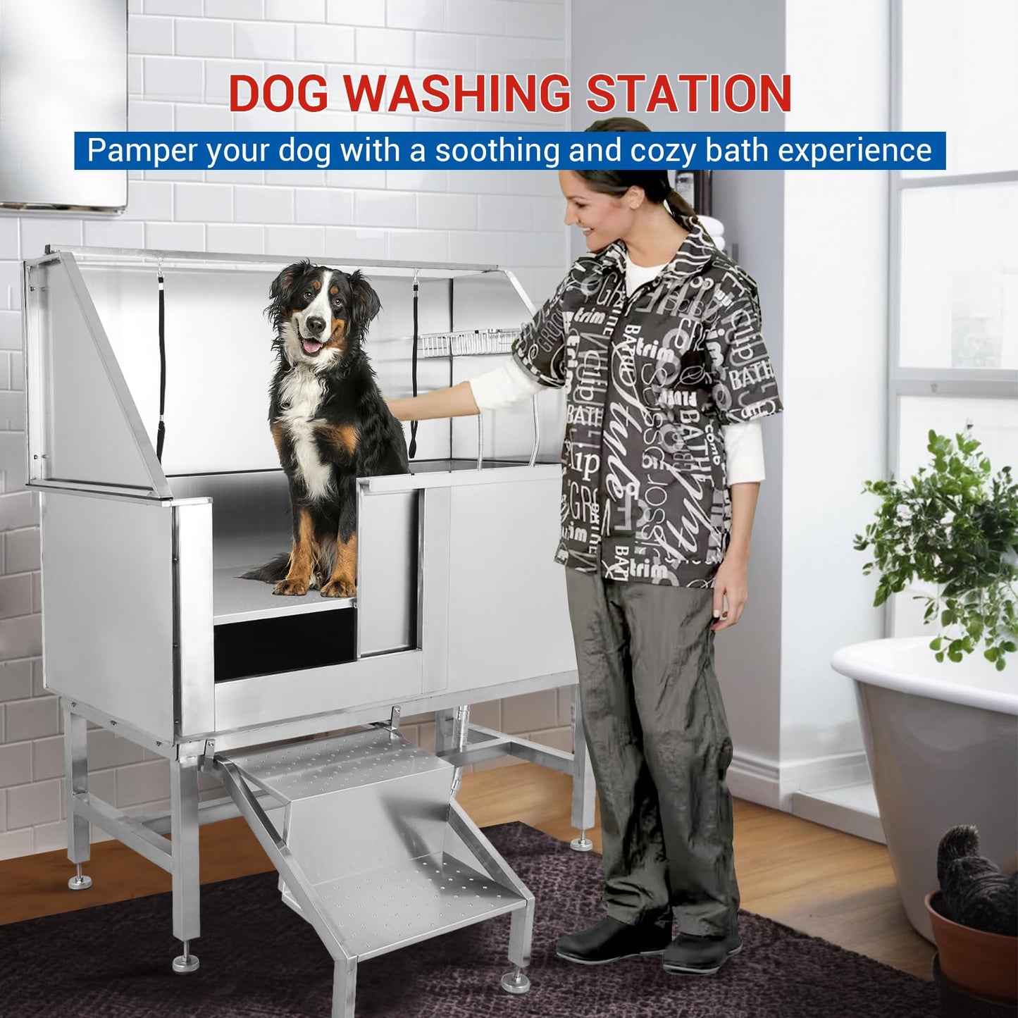 Garvee 50'' Dog Grooming Tub, Professional Dog Washing Station with Retractable Stairs, Stainless Steel Pet Bathtub for Small & Large Dog, Left Door