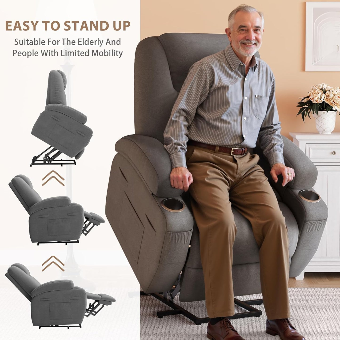 Flamaker Power Lift Recliner Chair with Massage Ergonomic Recliner Chair for Elderly People, Single Sofa with Cup Holders, Side Pockets