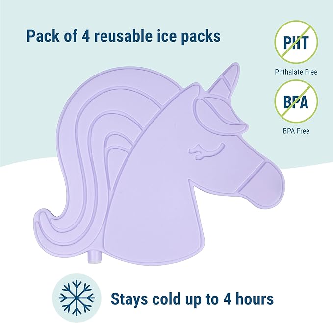 Wildkin Kids Ice Packs (4 Packs) for Boys & Girls, Perfect for Daycare & Preschool Slim & Reusable Ice Packs, Keep Lunches Fresh & Cool for School & Travel, Portable Ice Packs for Kids (Unicorn)